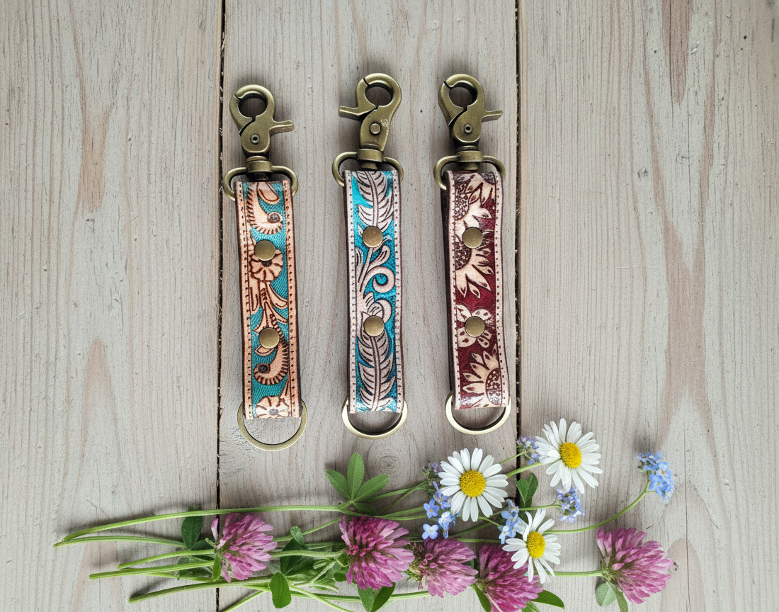 Handmade Leather Keychain Set of 3, Floral Tooled Design