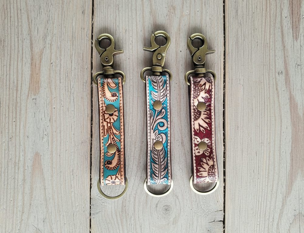 Handmade Leather Keychain Set of 3, Floral Tooled Design
