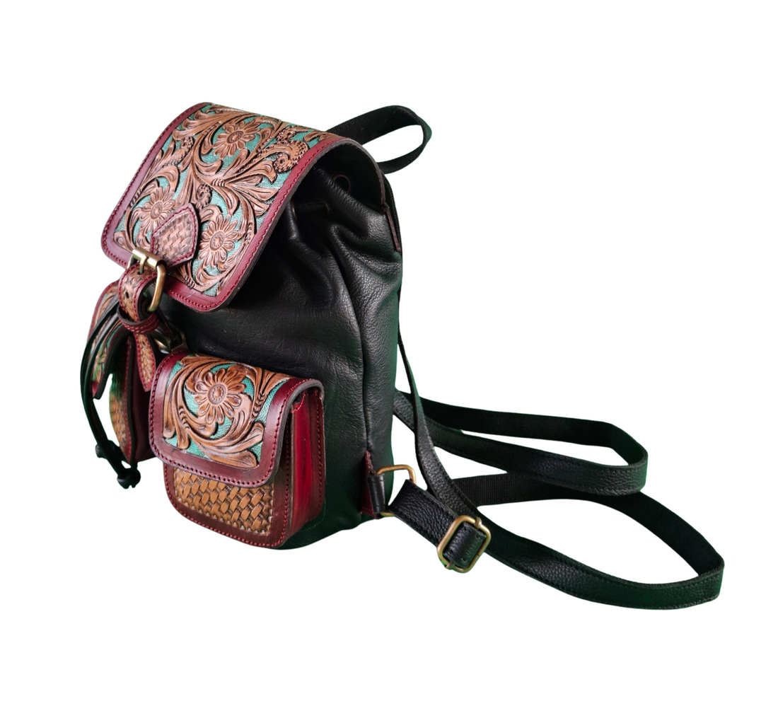 Handmade Bag with Tooled Carving Floral Design Backpack – Pure Leather Bag for Women - Genuine Handmade Leather for Women Latest Compact Design for Everyday Use