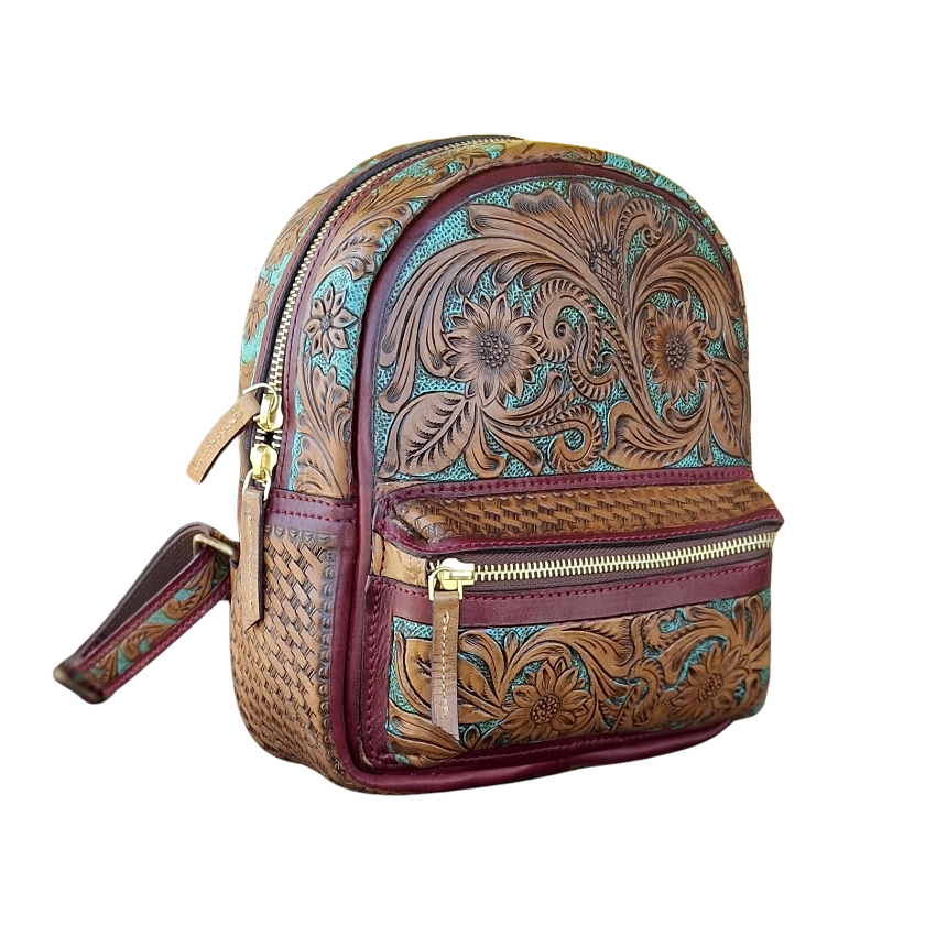 Handmade Tooled Leather Backpack: Vintage Floral Western Bag For Women