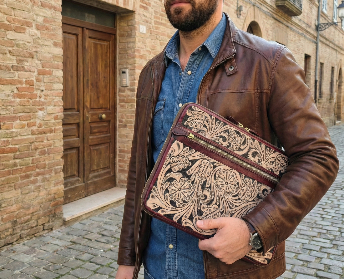 Handmade Tooled Leather Laptop Sleeve, Embossed Floral Design, Executive Organizer, Gift For Men And Women