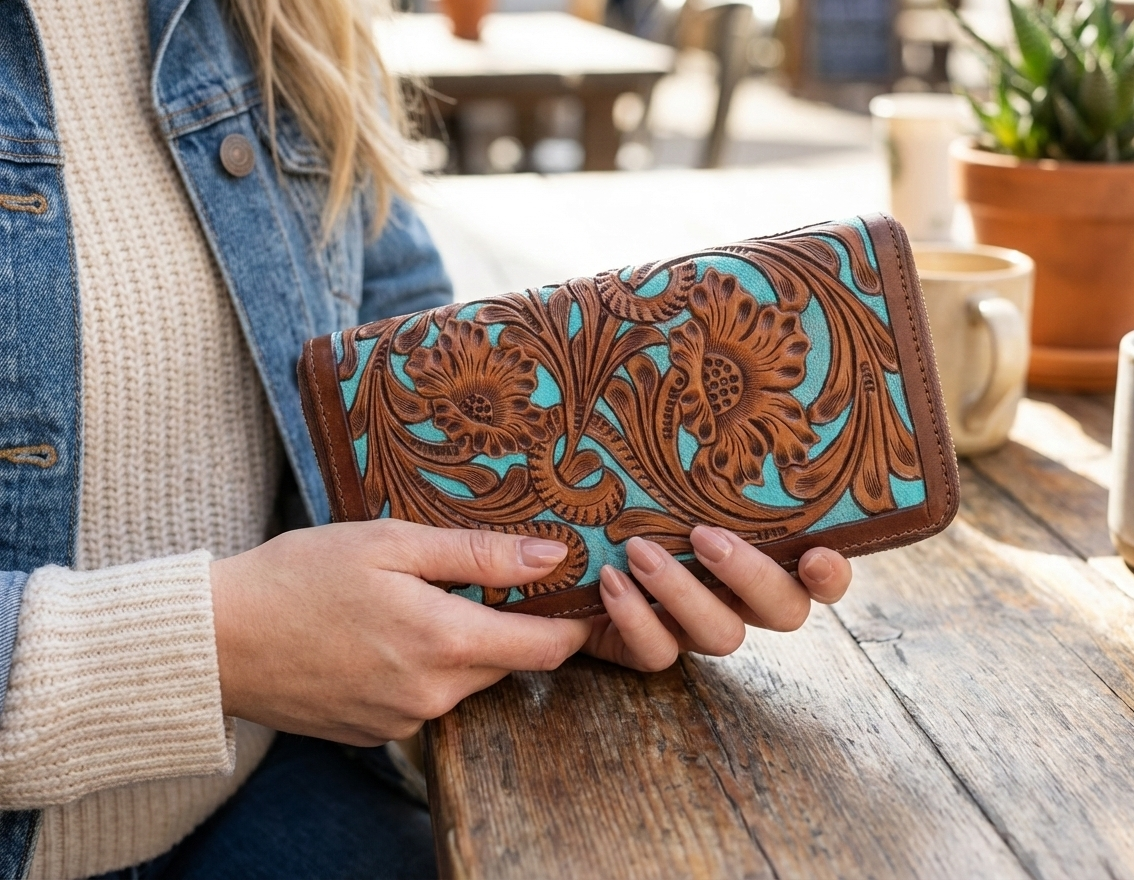 Carving Tooled Handmade Genuine Leather Clutch for Women