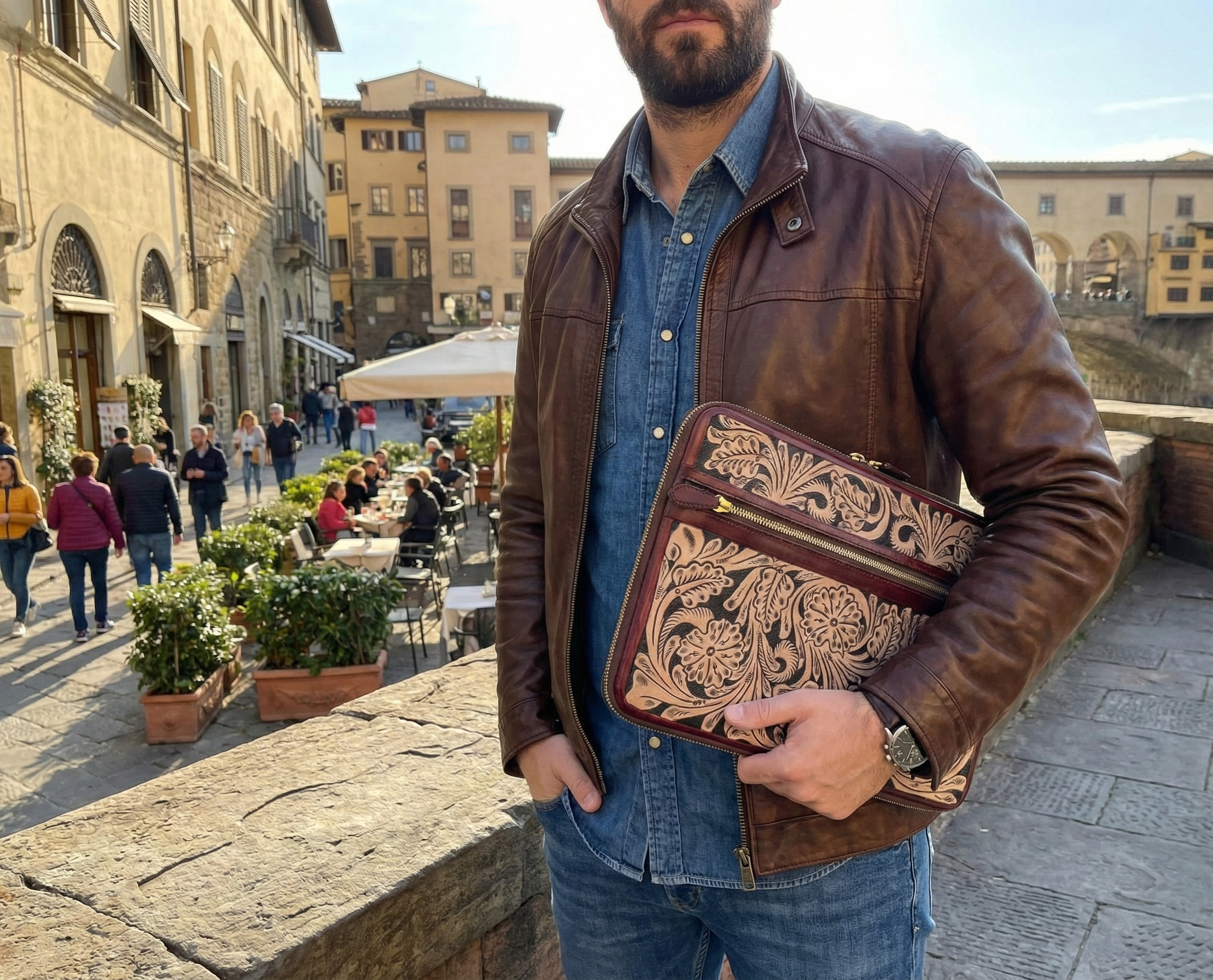 Handmade Tooled Leather Laptop Sleeve, Embossed Floral Design, Executive Organizer, Gift For Men And Women
