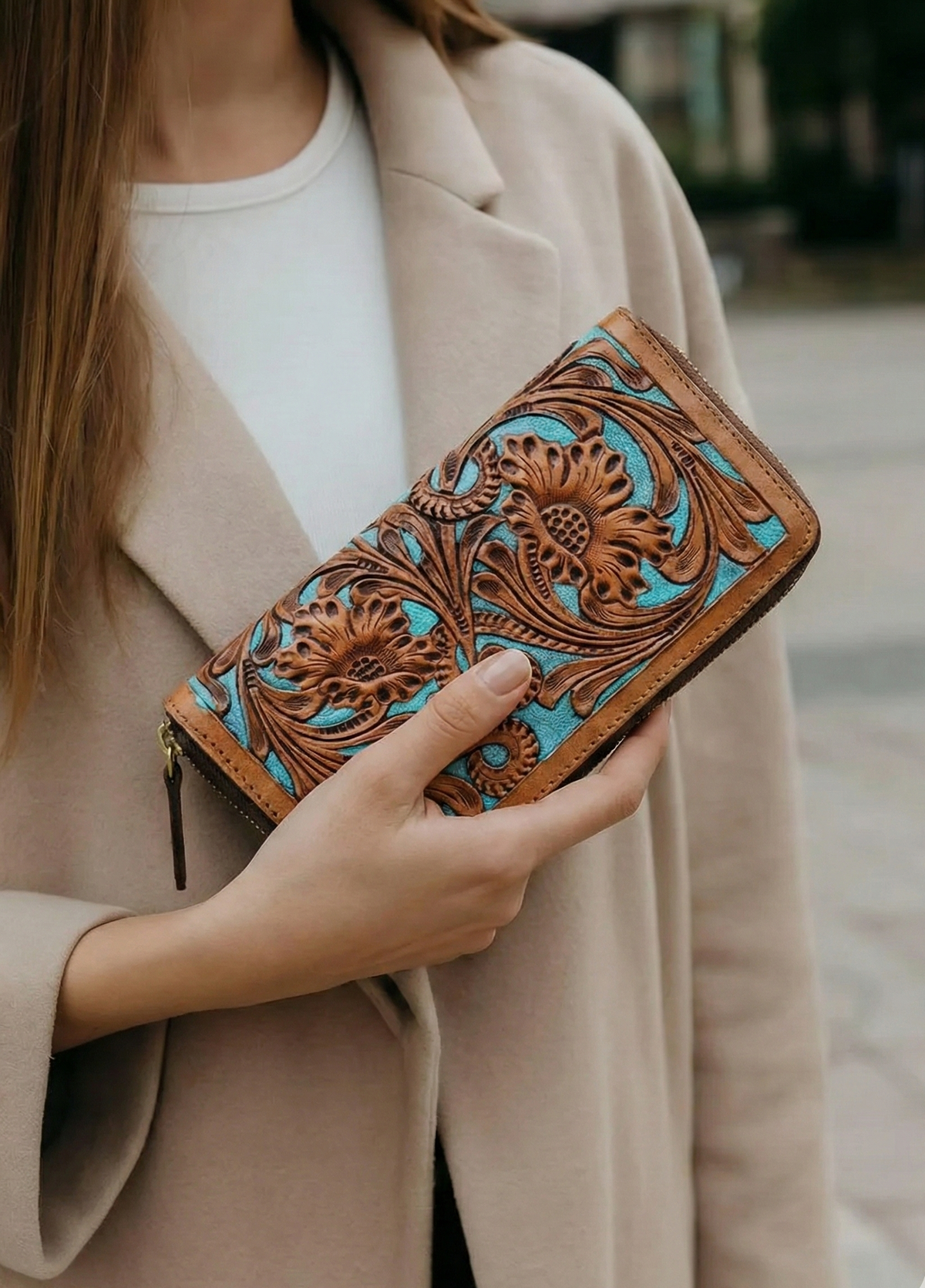Carving Tooled Handmade Genuine Leather Clutch for Women