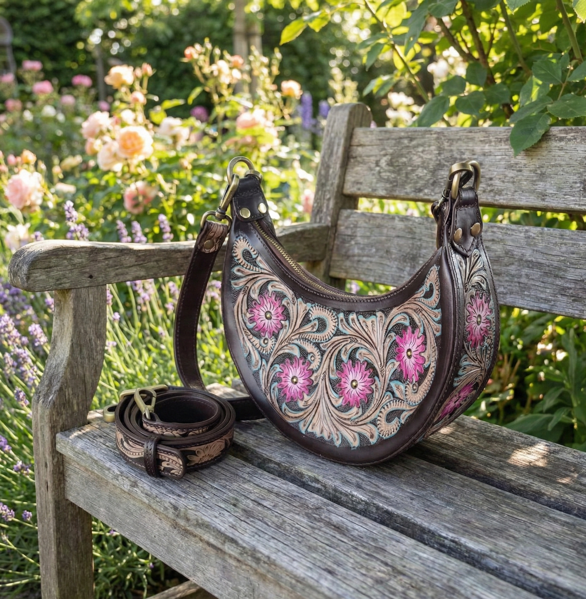 Pure Leather Handbags For Women -Carving, Hand Crafted Geniune Leather Sling Bags for Women Combine with Adjustable Strap - Hobo Bag - Unique, Handmade Stylish Gifts For women's