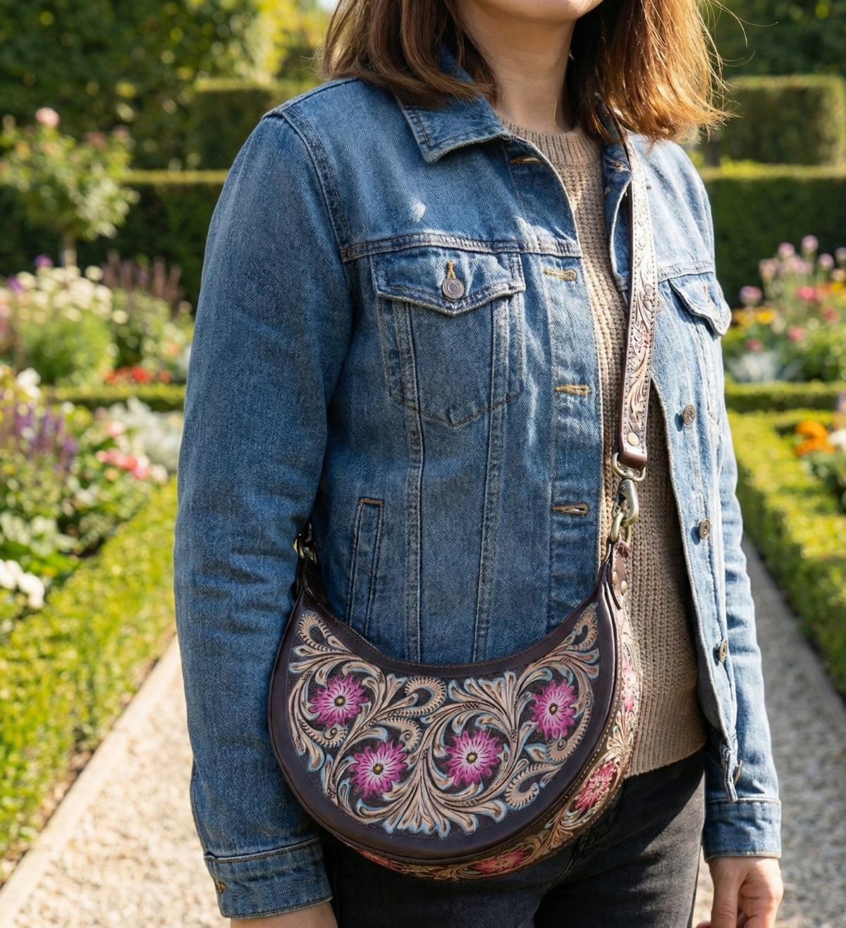 Pure Leather Handbags For Women -Carving, Hand Crafted Geniune Leather Sling Bags for Women Combine with Adjustable Strap - Hobo Bag - Unique, Handmade Stylish Gifts For women's