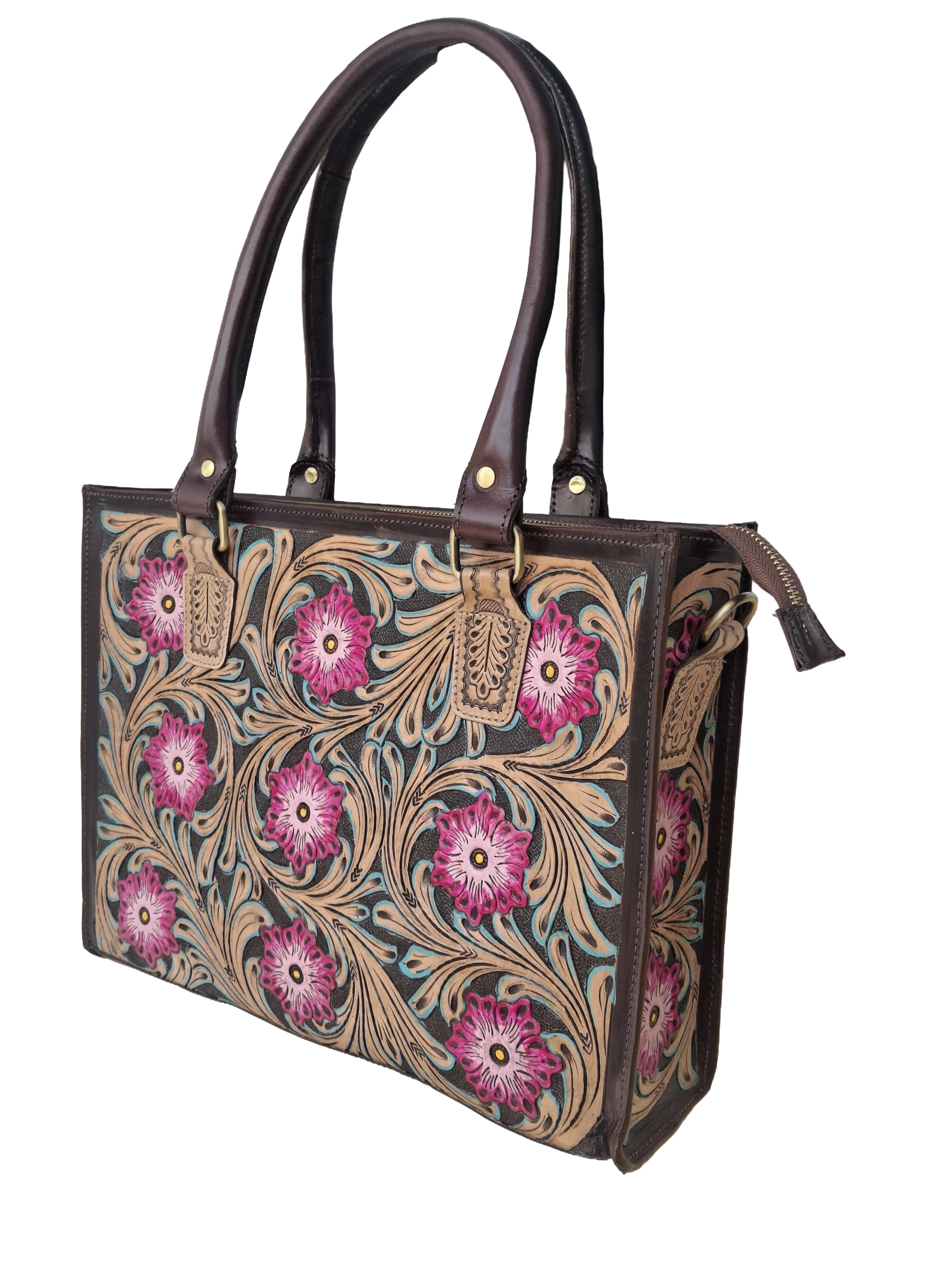 Pure Leather Handbag- Hand-Carving Crafted Tooled Handmade Genuine Leather Fashion Handbag For  women : Timeless Elegance with Detachable Sling