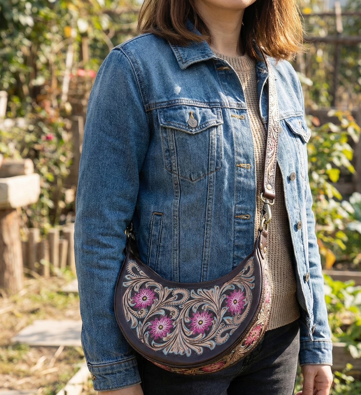 Pure Leather Handbags For Women -Carving, Hand Crafted Geniune Leather Sling Bags for Women Combine with Adjustable Strap - Hobo Bag - Unique, Handmade Stylish Gifts For women's