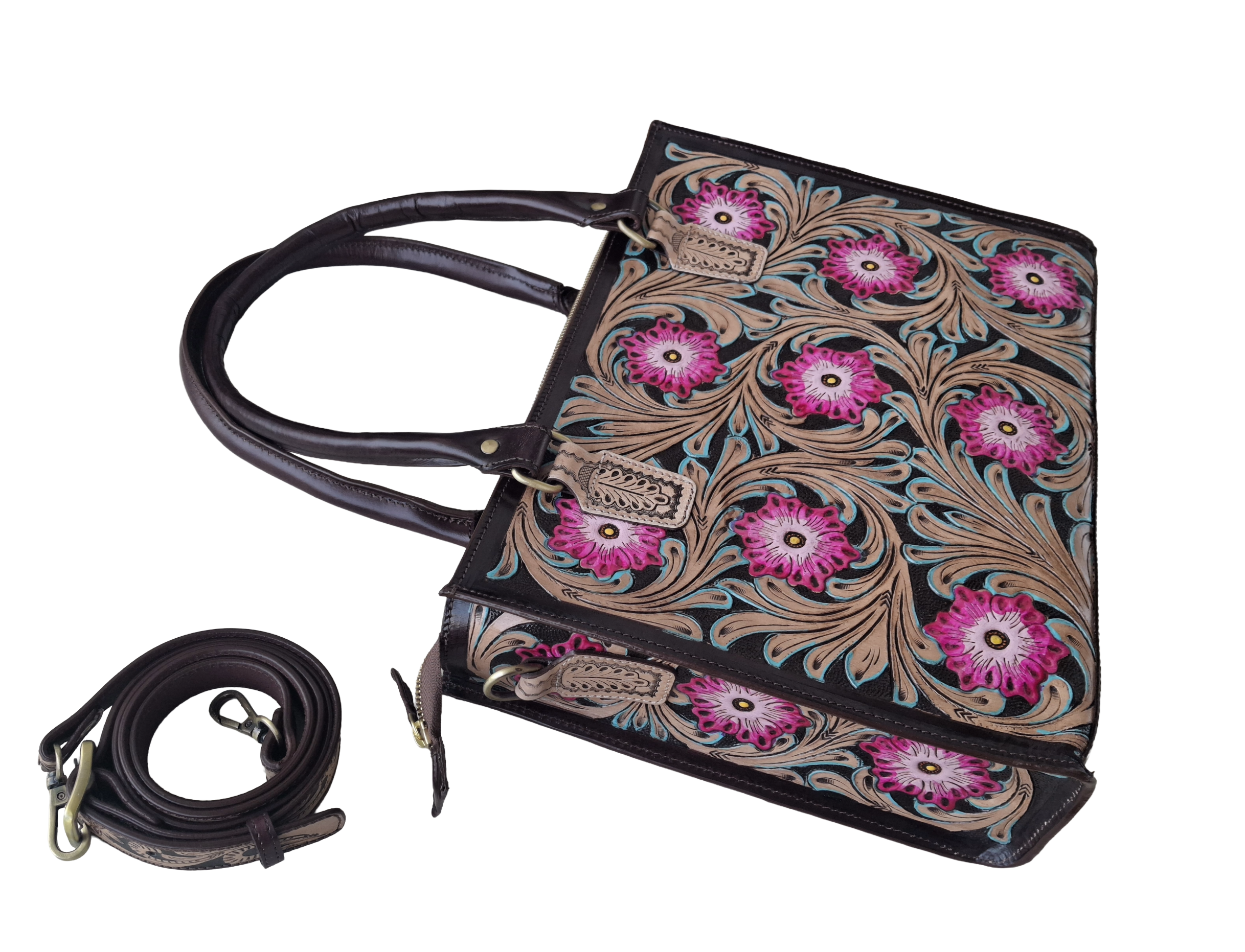 Pure Leather Handbag- Hand-Carving Crafted Tooled Handmade Genuine Leather Fashion Handbag For  women : Timeless Elegance with Detachable Sling