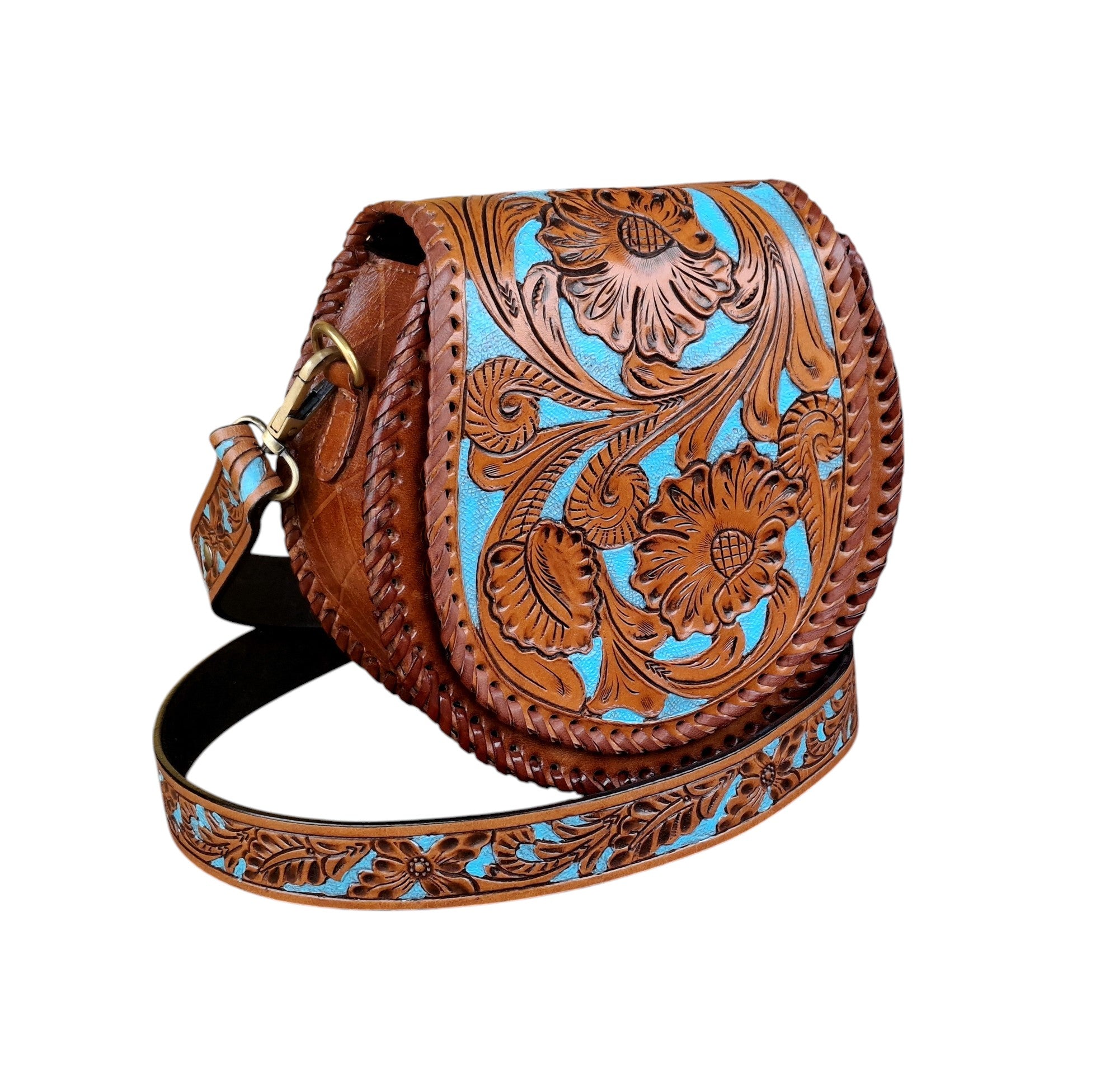 Hand-Carving, Floral Design Crafted Premium Handmade Women's Leather Round Sling Bag - Unique, Versatile, and Stylish