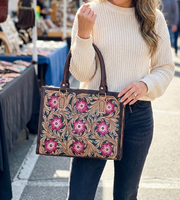 Pure Leather Handbag- Hand-Carving Crafted Tooled Handmade Genuine Leather Fashion Handbag For  women : Timeless Elegance with Detachable Sling