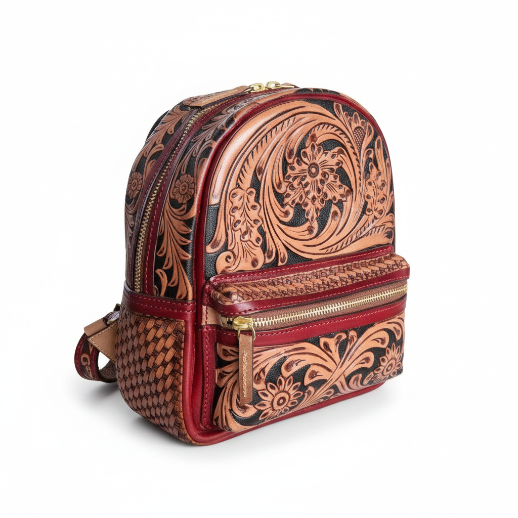 Handmade Tooled Leather Backpack: Vintage Floral Western Bag For Women