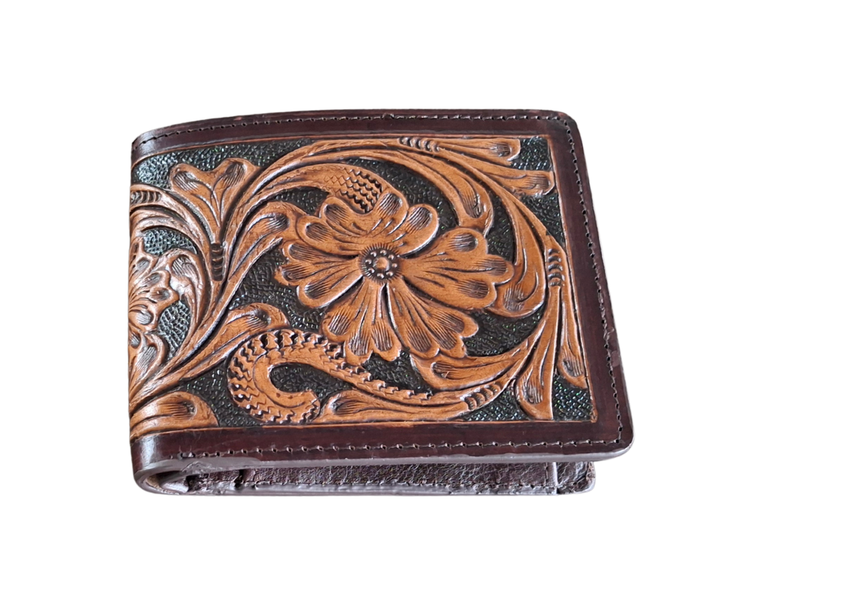 Handmade Floral Carved Leather Bifold Wallet, Western Style Gift For Men