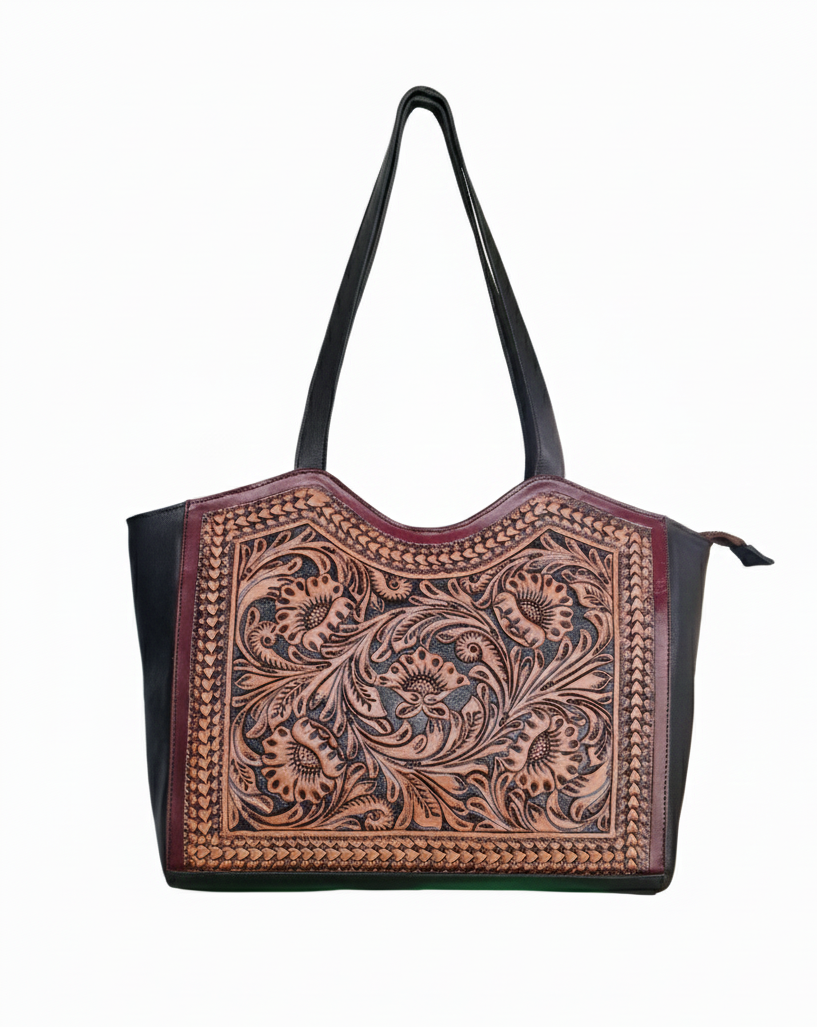 Hand Tooled Handmade Leather Floral Carving Design Tote Bag: Western Handbag-Best Gift to Girl Friend and Mother