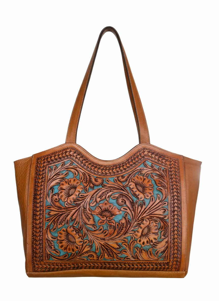Hand Tooled Handmade Leather Floral Carving Design Tote Bag: Western Handbag-Best Gift to Girl Friend and Mother