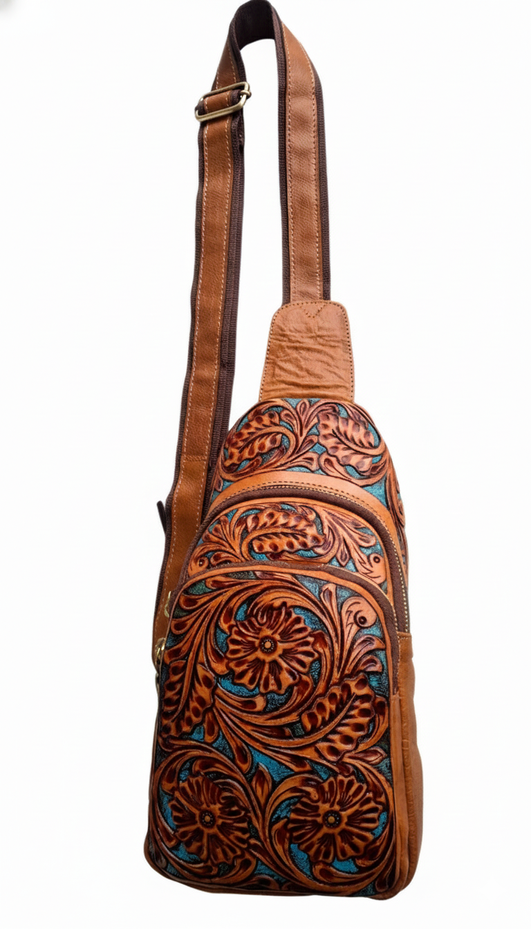 handmade Tooled Leather Fanny Pack: Floral Carved Sling Crossbody Bag For Men And Women