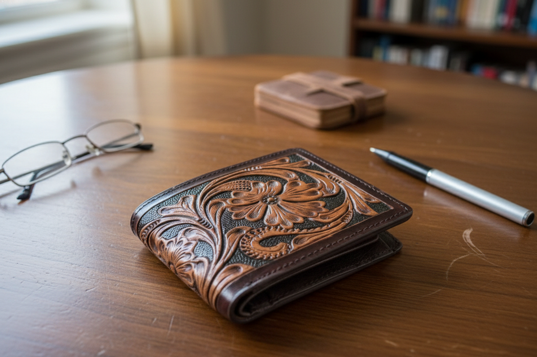 Handmade Floral Carved Leather Bifold Wallet, Western Style Gift For Men