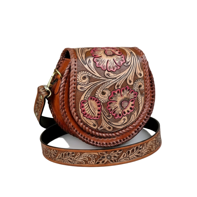 Hand-Carving, Floral Design Crafted Premium Handmade Women's Leather Round Sling Bag - Unique, Versatile, and Stylish