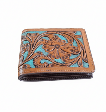 Handmade Floral Carved Leather Bifold Wallet, Western Style Gift For Men