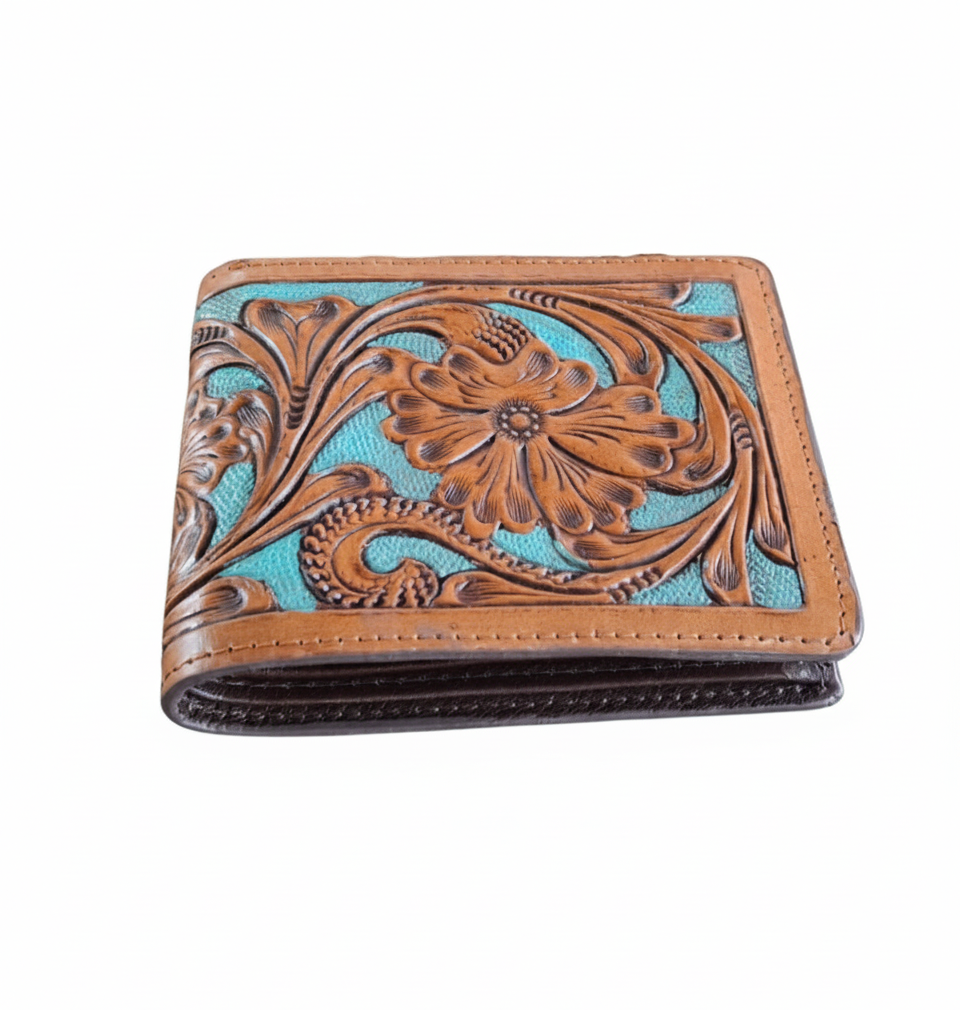 Handmade Floral Carved Leather Bifold Wallet, Western Style Gift For Men
