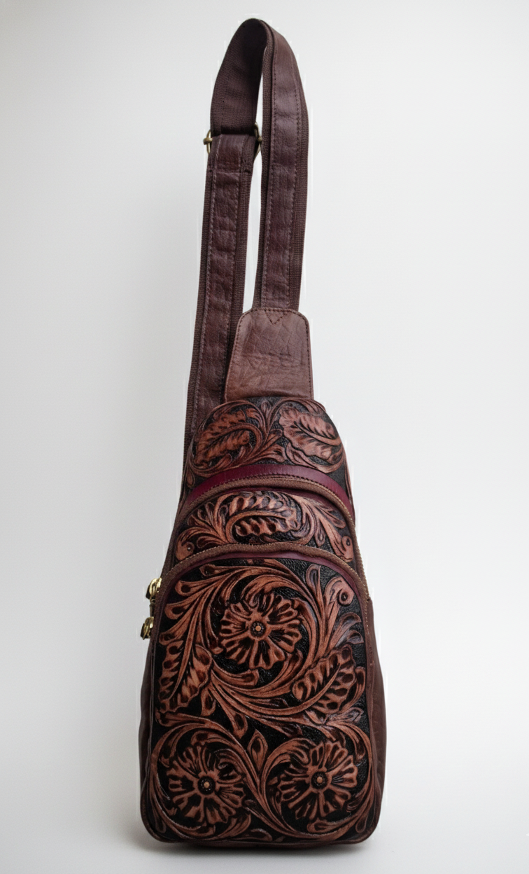 handmade Tooled Leather Fanny Pack: Floral Carved Sling Crossbody Bag For Men And Women
