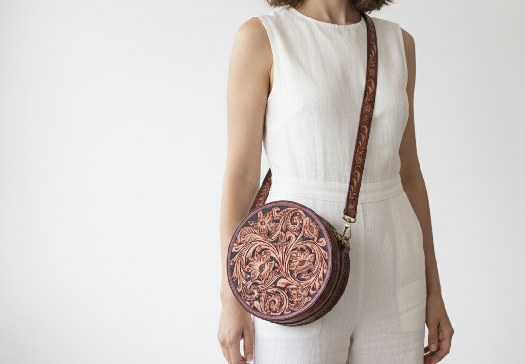 Pure Leather Handbags For women-Handmade Tooled Genuine Leather Round Crossbody Bag – Floral Carved Vintage Western Shoulder bag for Women