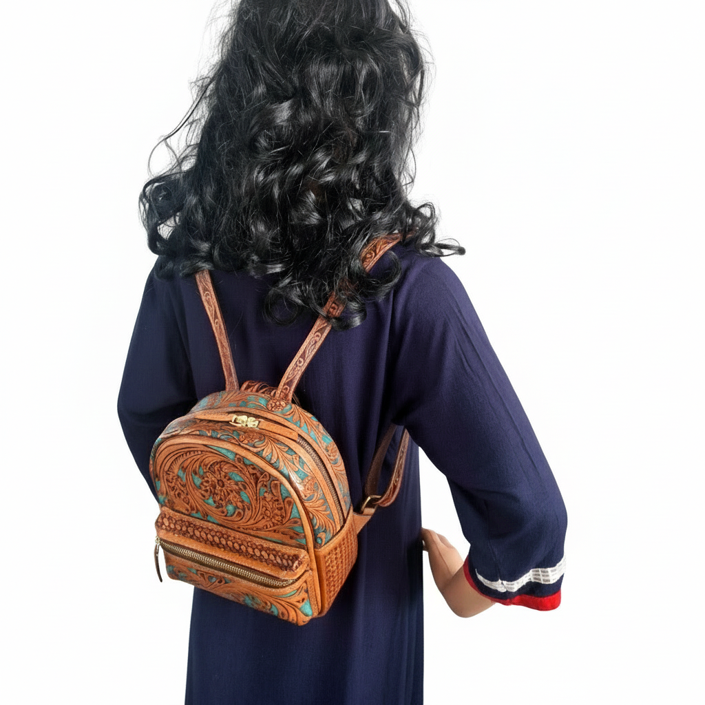 Handmade Tooled Leather Backpack: Vintage Floral Western Bag For Women