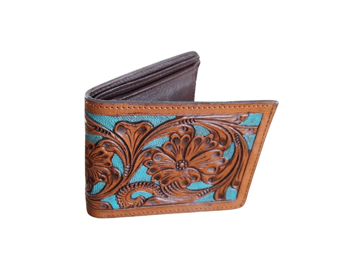 Handmade Floral Carved Leather Bifold Wallet, Western Style Gift For Men