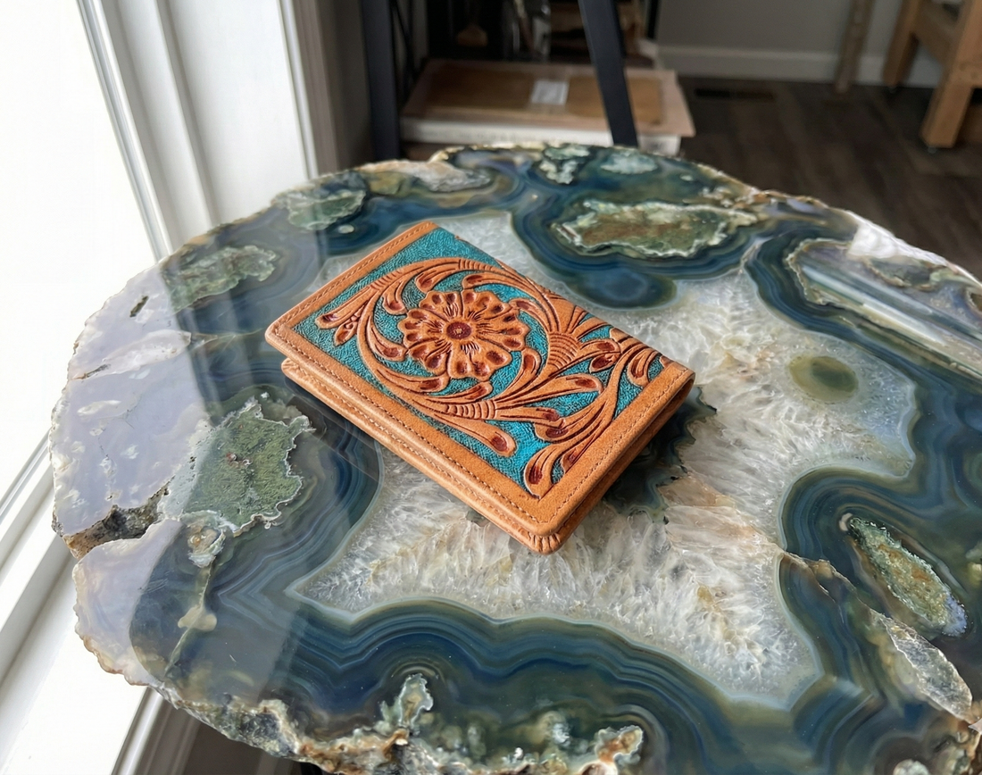 Handmade Leather Passport Wallet, Floral Tooled Travel Organizer