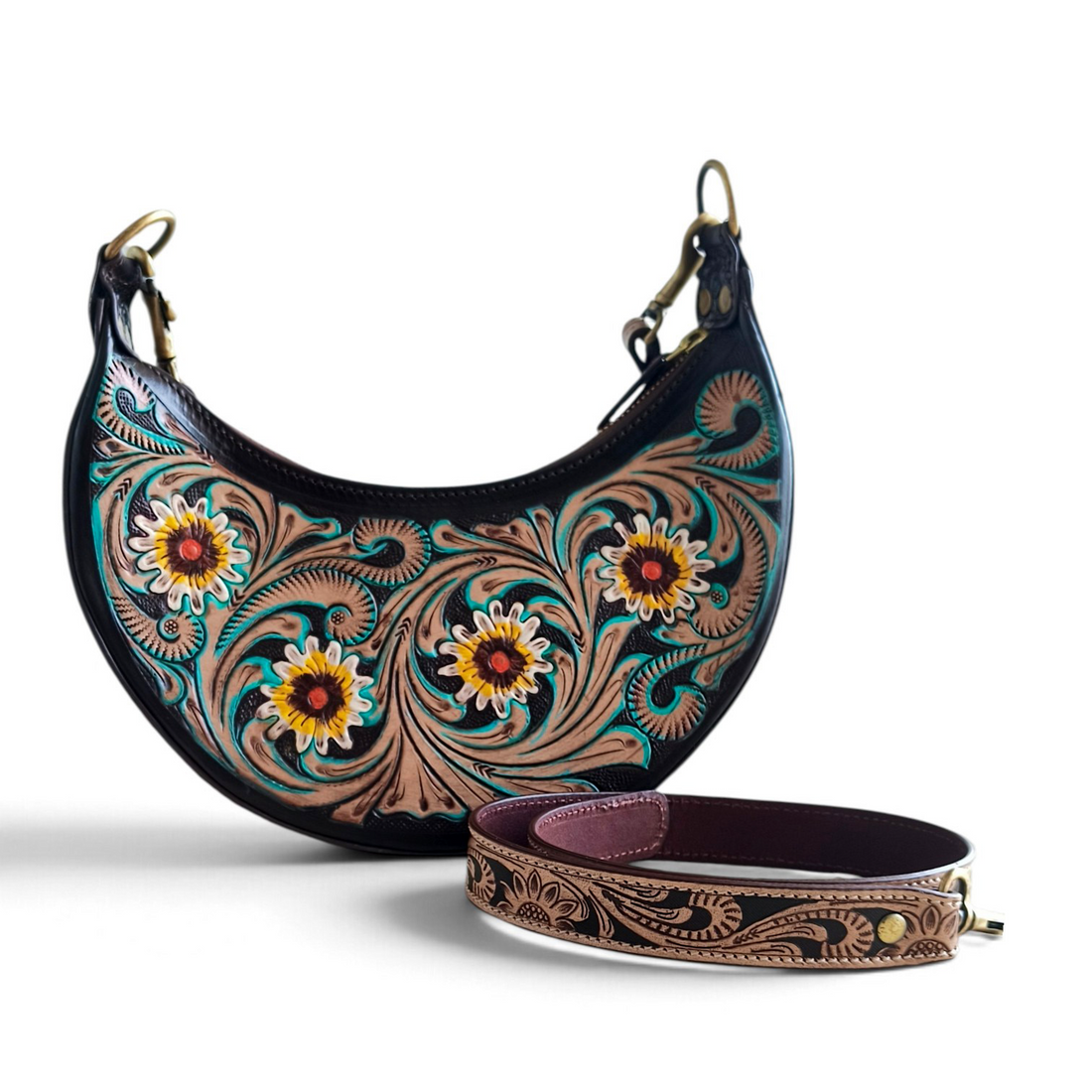 Pure Leather Handbags For Women -Carving, Hand Crafted Genuine Leather Sling Bags for Women  with Adjustable Strap