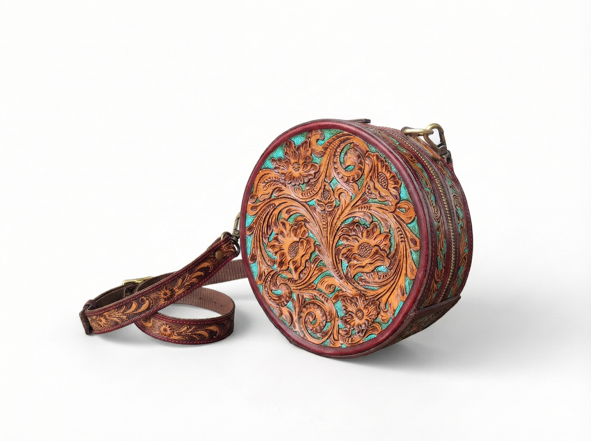 Pure Leather Handbags For women-Handmade Tooled Genuine Leather Round Crossbody Bag – Floral Carved Vintage Western Shoulder bag for Women