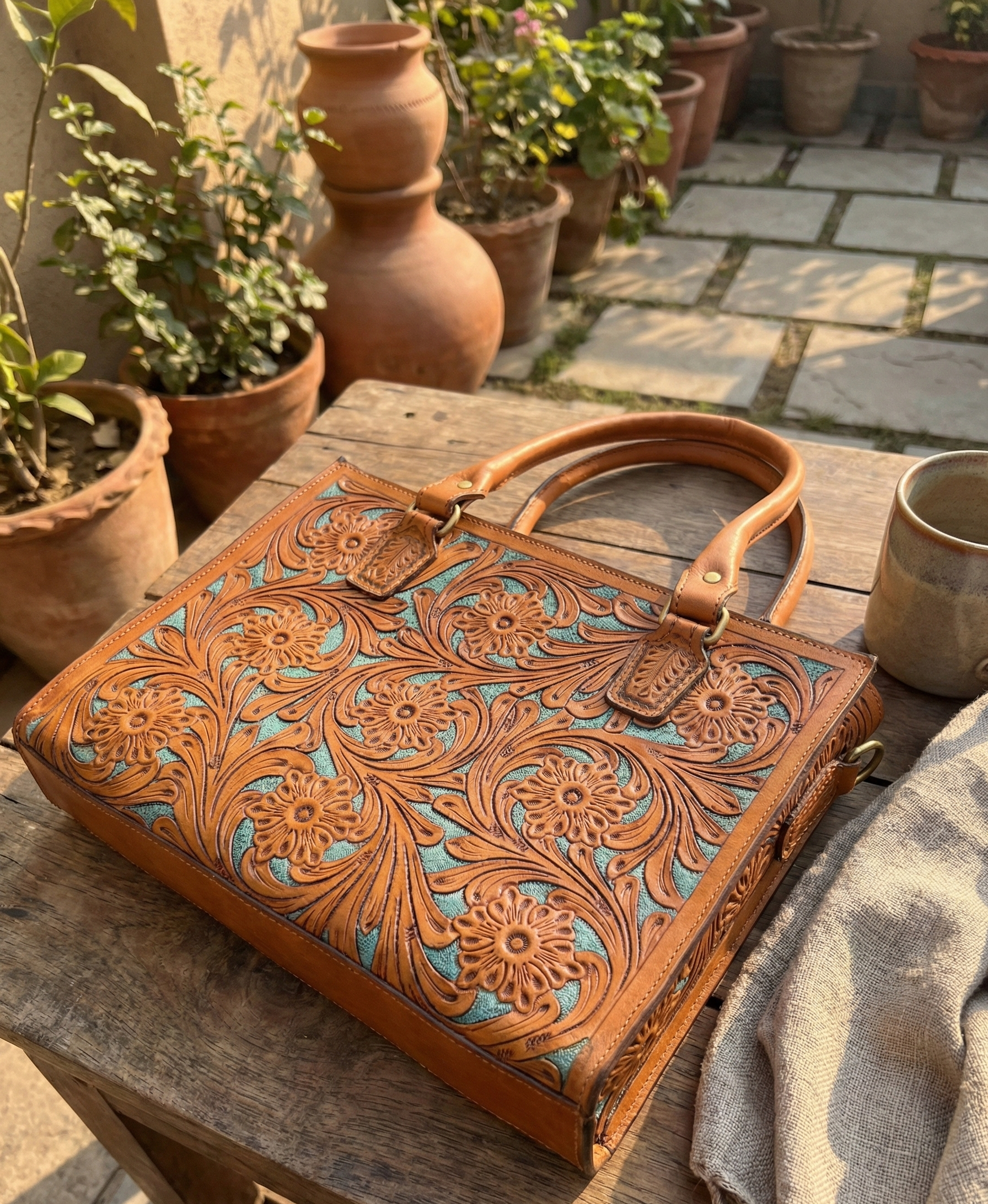 Pure Leather Handbag- Hand-Carving Crafted Tooled Handmade Genuine Leather Fashion Handbag For  women : Timeless Elegance with Detachable Sling