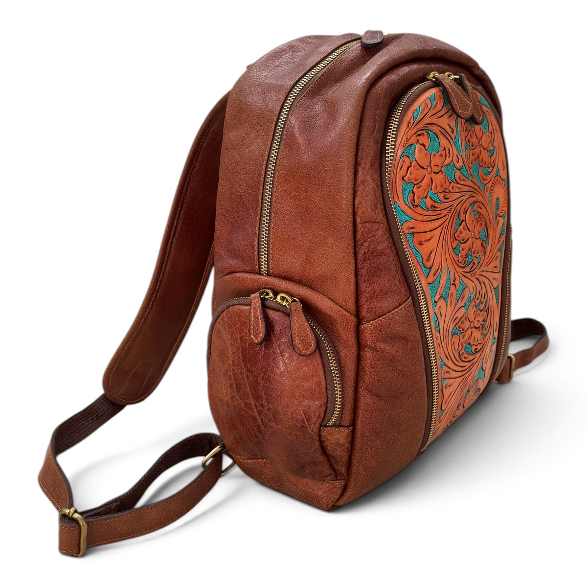 Handmade Floral Design Backpack For Women, Genuine Leather Backpack with Laptop Compartment