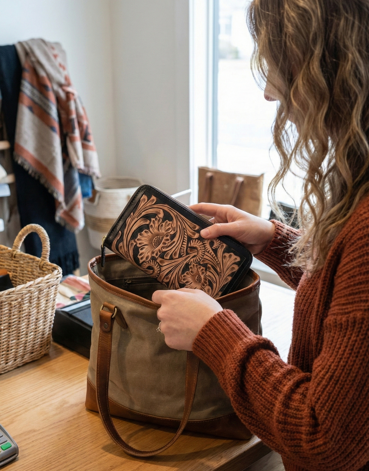 Carving Tooled Handmade Genuine Leather Clutch for Women