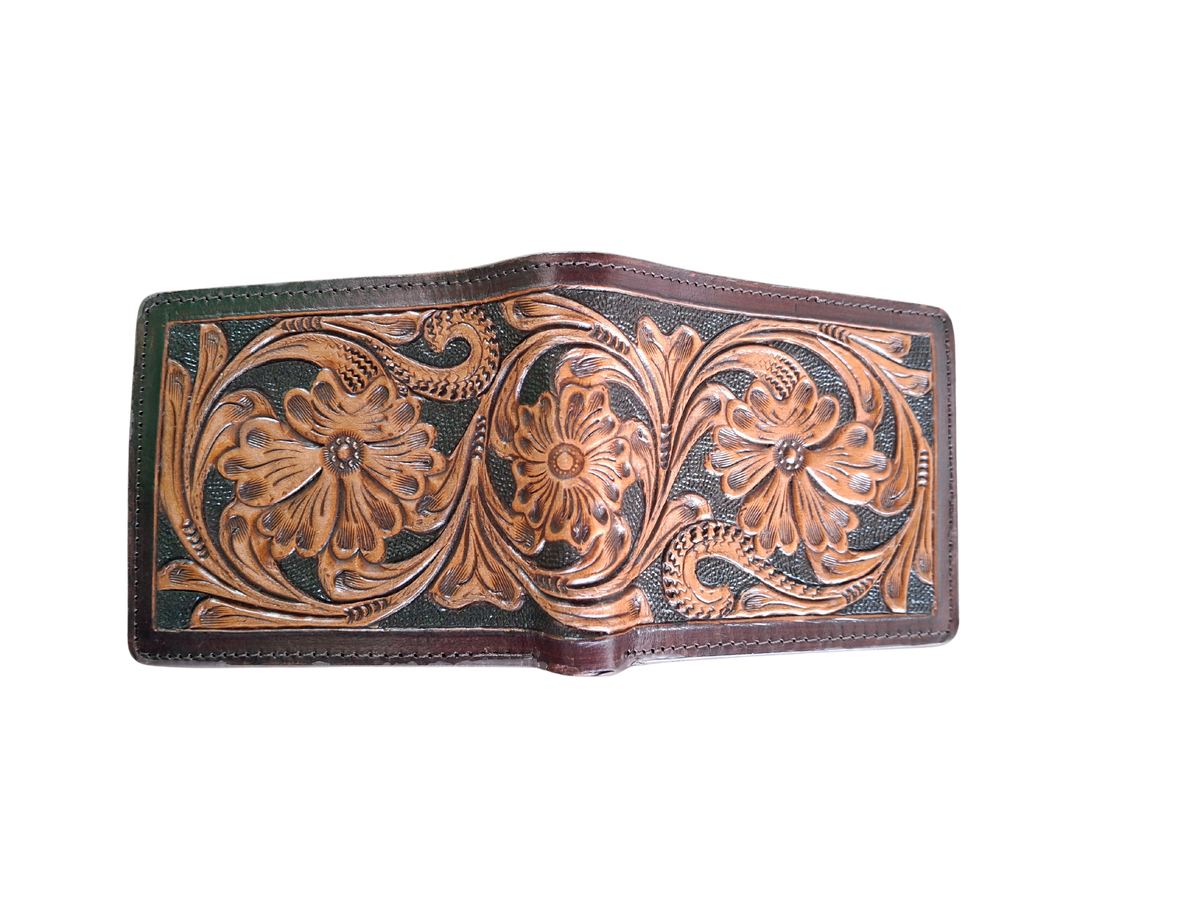 Handmade Floral Carved Leather Bifold Wallet, Western Style Gift For Men