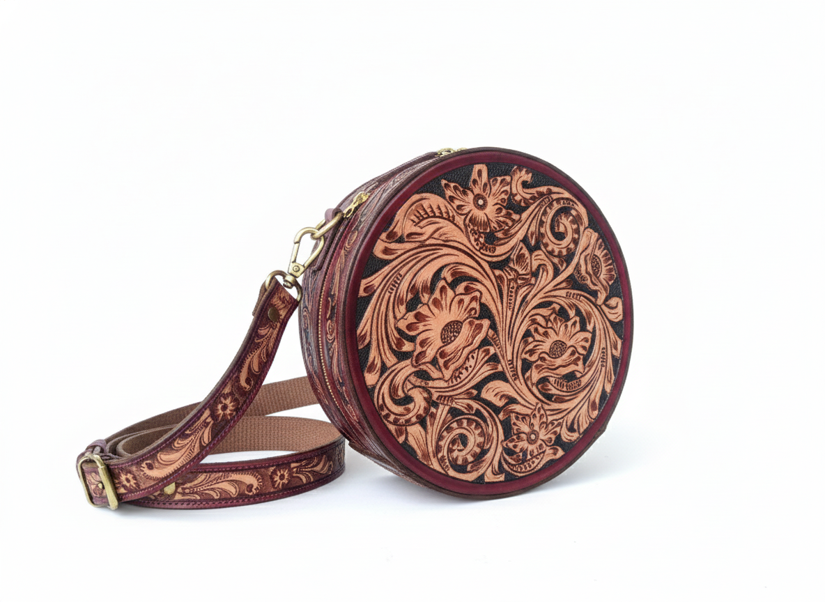 Pure Leather Handbags For women-Handmade Tooled Genuine Leather Round Crossbody Bag – Floral Carved Vintage Western Shoulder bag for Women