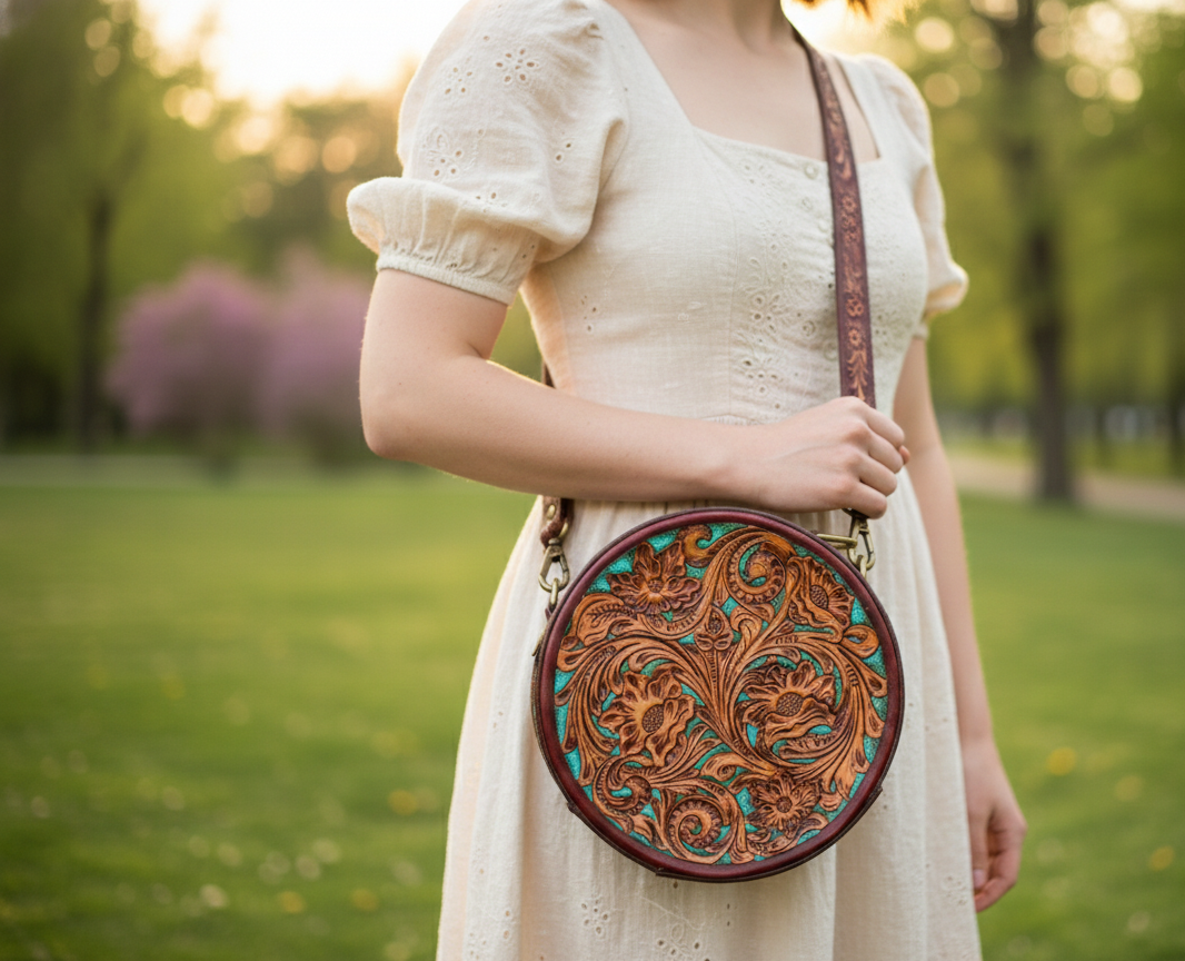 Pure Leather Handbags For women-Handmade Tooled Genuine Leather Round Crossbody Bag – Floral Carved Vintage Western Shoulder bag for Women