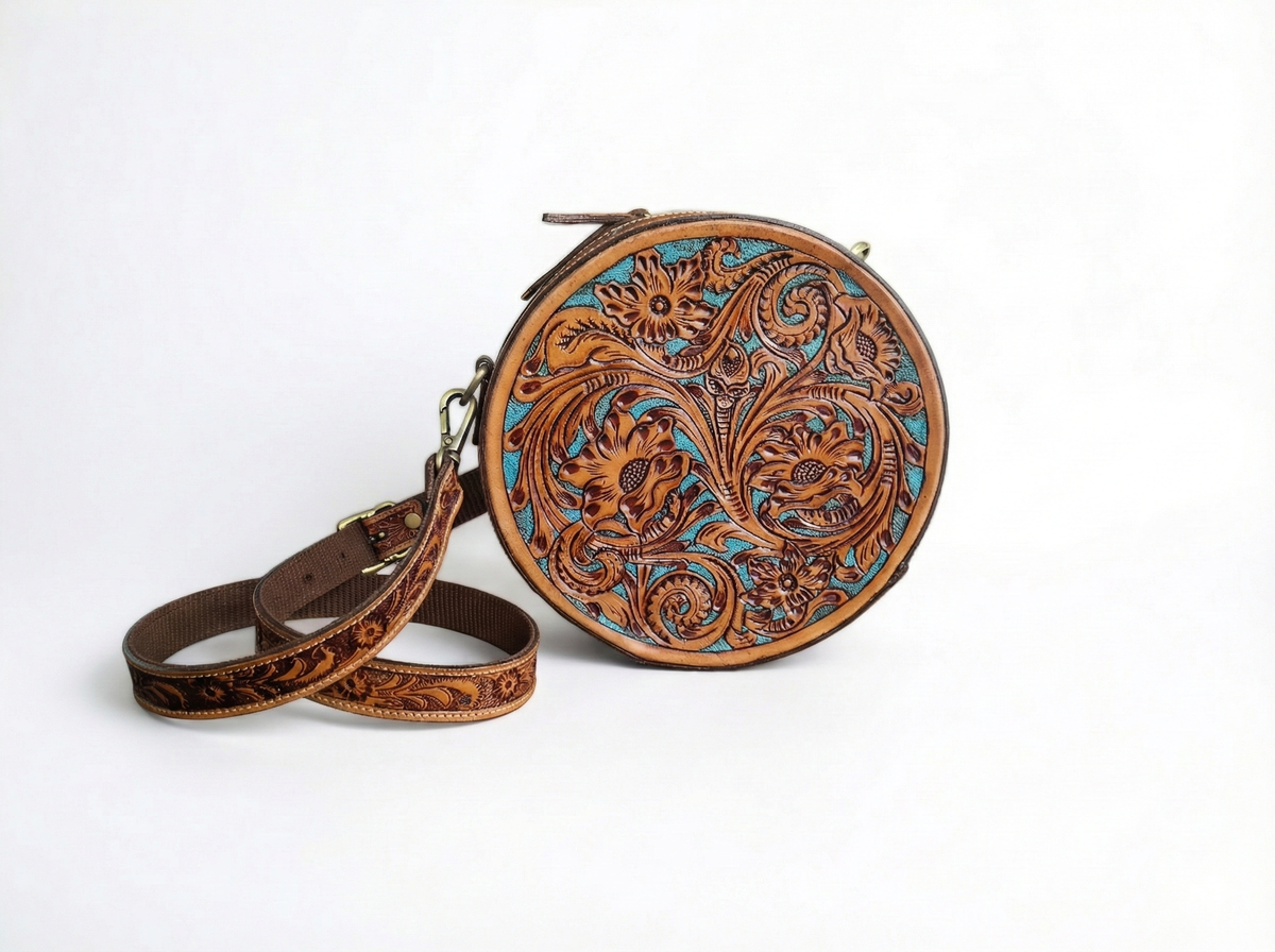 Pure Leather Handbags For women-Handmade Tooled Genuine Leather Round Crossbody Bag – Floral Carved Vintage Western Shoulder bag for Women