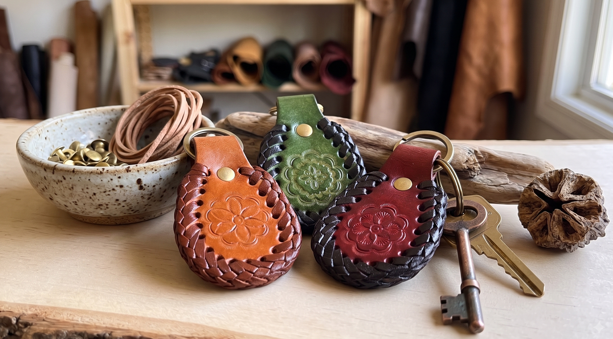 andmade Leather Keychain for Home Office Car And Bag | Classic Genuine Leather Keychain with Metal Ring,(Set Of 3)