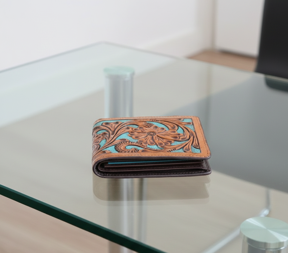 Handmade Floral Carved Leather Bifold Wallet, Western Style Gift For Men