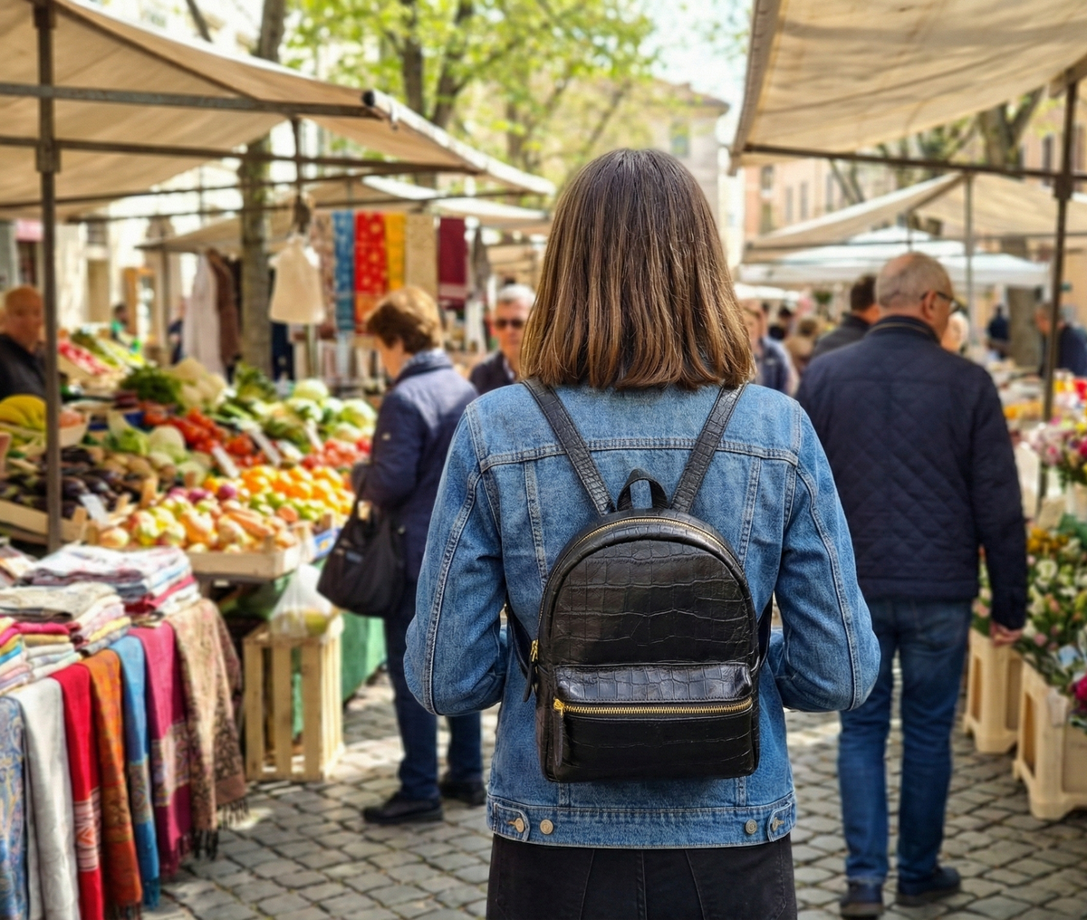 Handmade Leather Croc-Embossed Backpack, Minimalist Rucksack