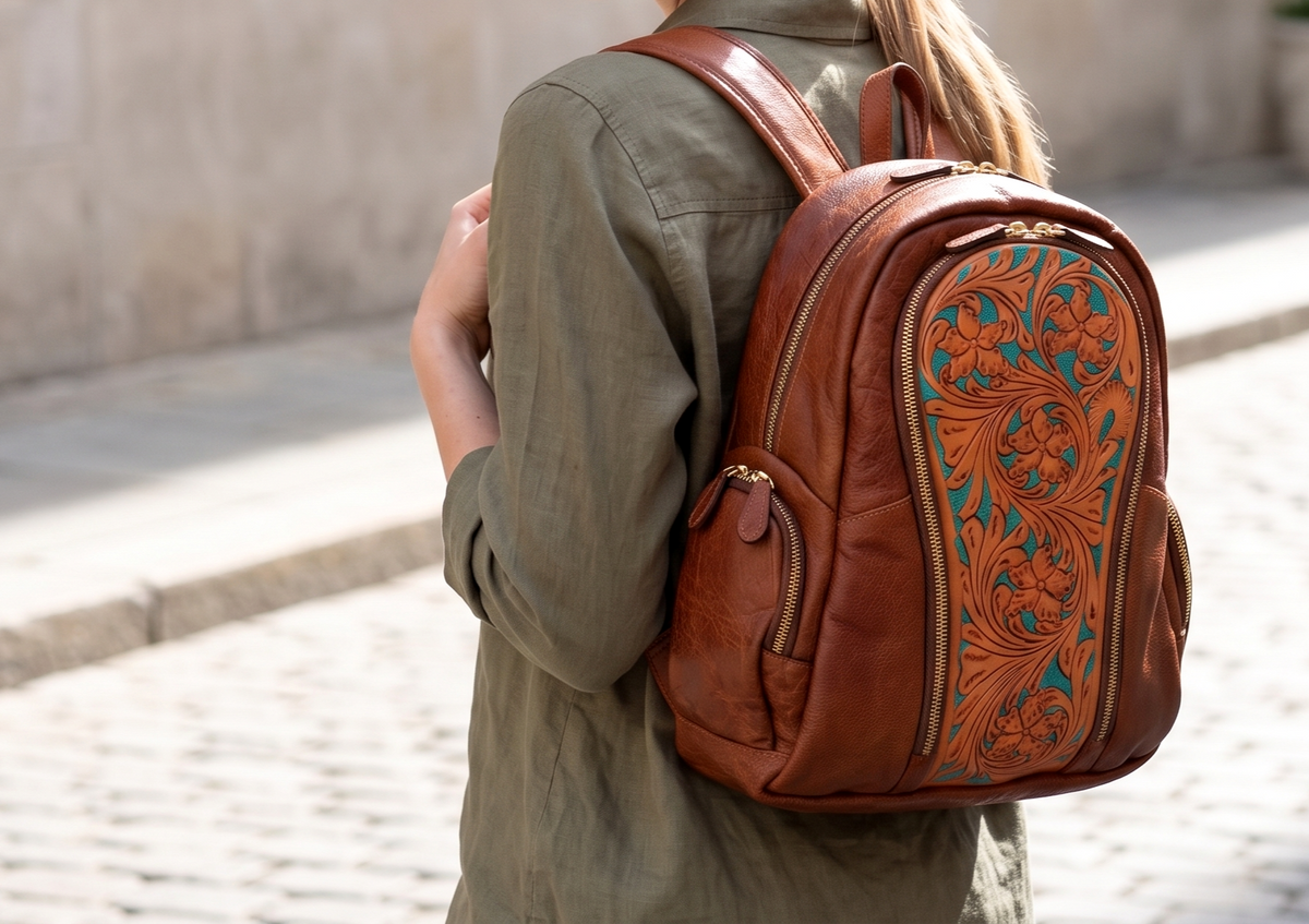 Handmade Floral Design Backpack For Women, Genuine Leather Backpack with Laptop Compartment