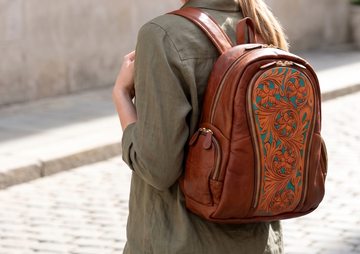 Handmade Floral Design Backpack For Women, Genuine Leather Backpack with Laptop Compartment