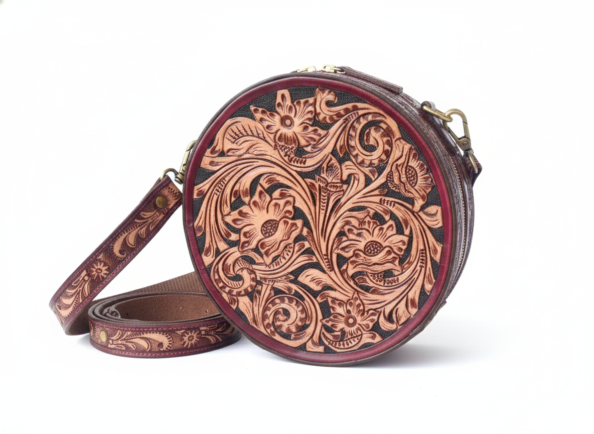 Pure Leather Handbags For women-Handmade Tooled Genuine Leather Round Crossbody Bag – Floral Carved Vintage Western Shoulder bag for Women