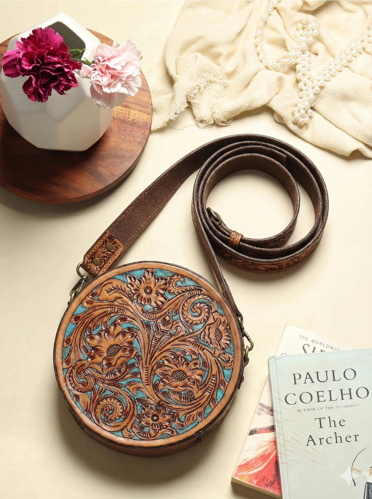 Pure Leather Handbags For women-Handmade Tooled Genuine Leather Round Crossbody Bag – Floral Carved Vintage Western Shoulder bag for Women
