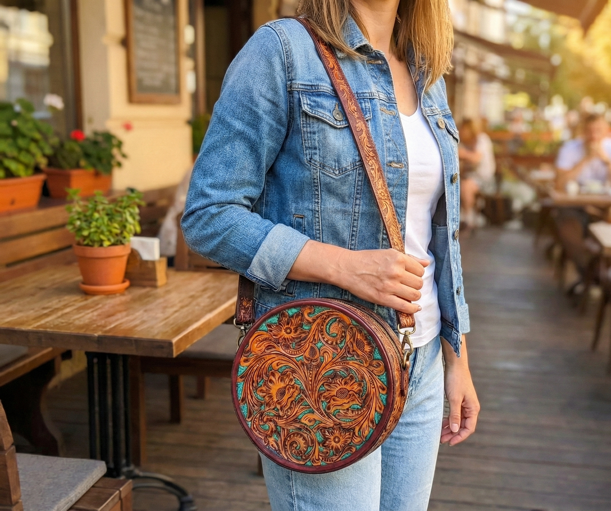 Pure Leather Handbags For women-Handmade Tooled Genuine Leather Round Crossbody Bag – Floral Carved Vintage Western Shoulder bag for Women