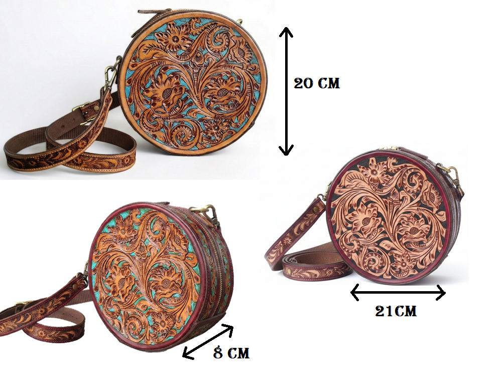 Pure Leather Handbags For women-Handmade Tooled Genuine Leather Round Crossbody Bag – Floral Carved Vintage Western Shoulder bag for Women