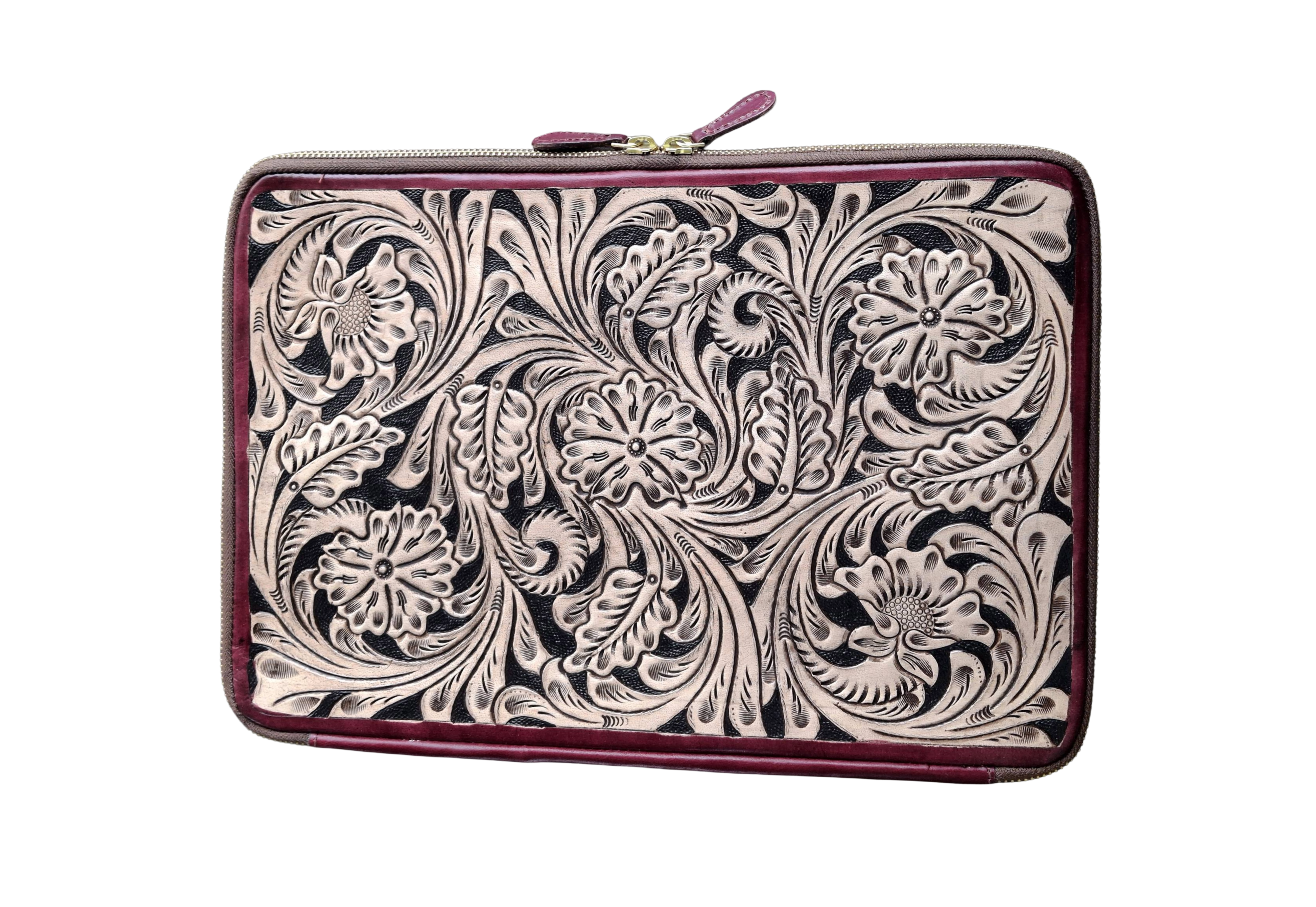 Handmade Tooled Leather Laptop Sleeve, Embossed Floral Design, Executive Organizer, Gift For Men And Women