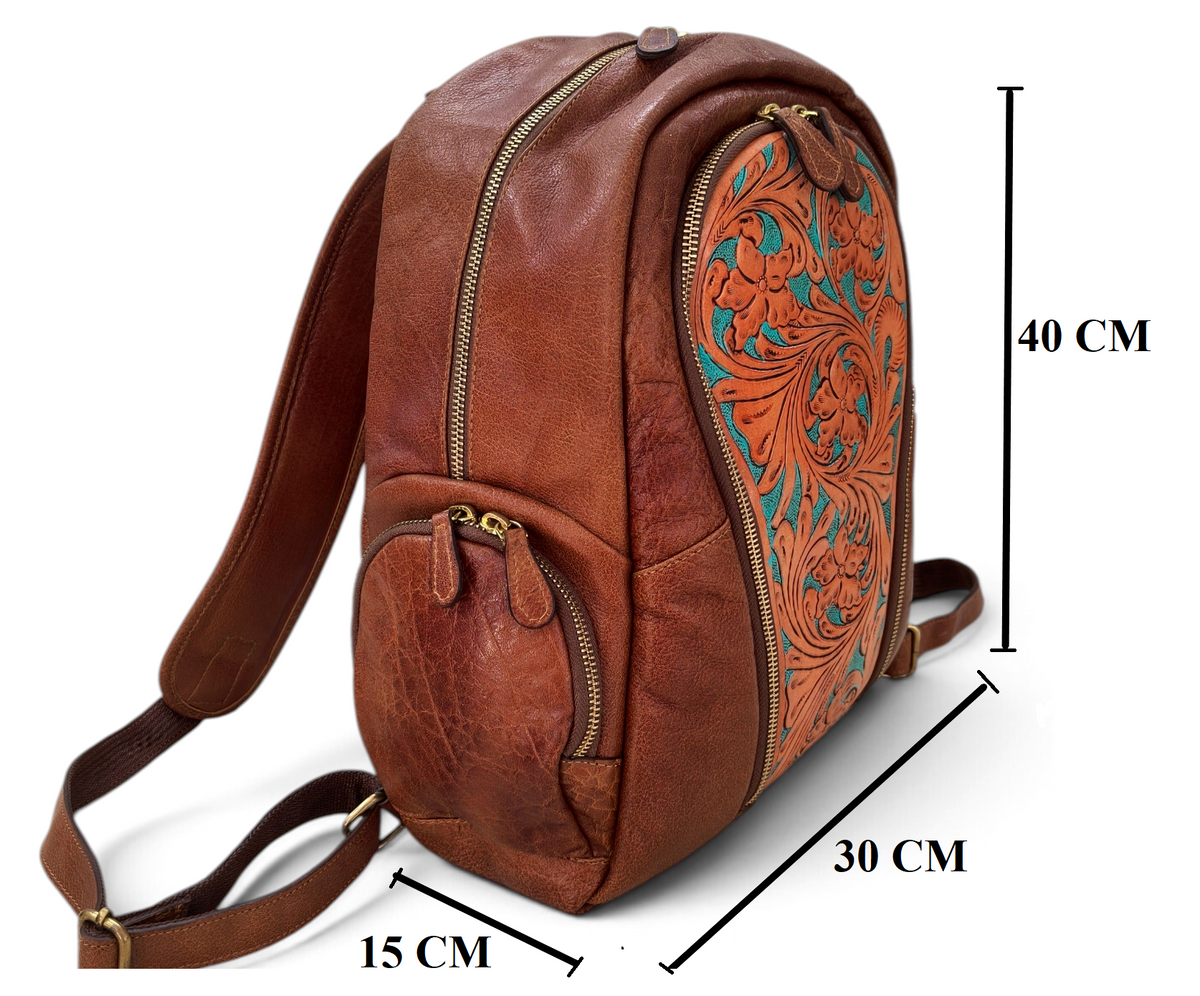 Handmade Floral Design Backpack For Women, Genuine Leather Backpack with Laptop Compartment