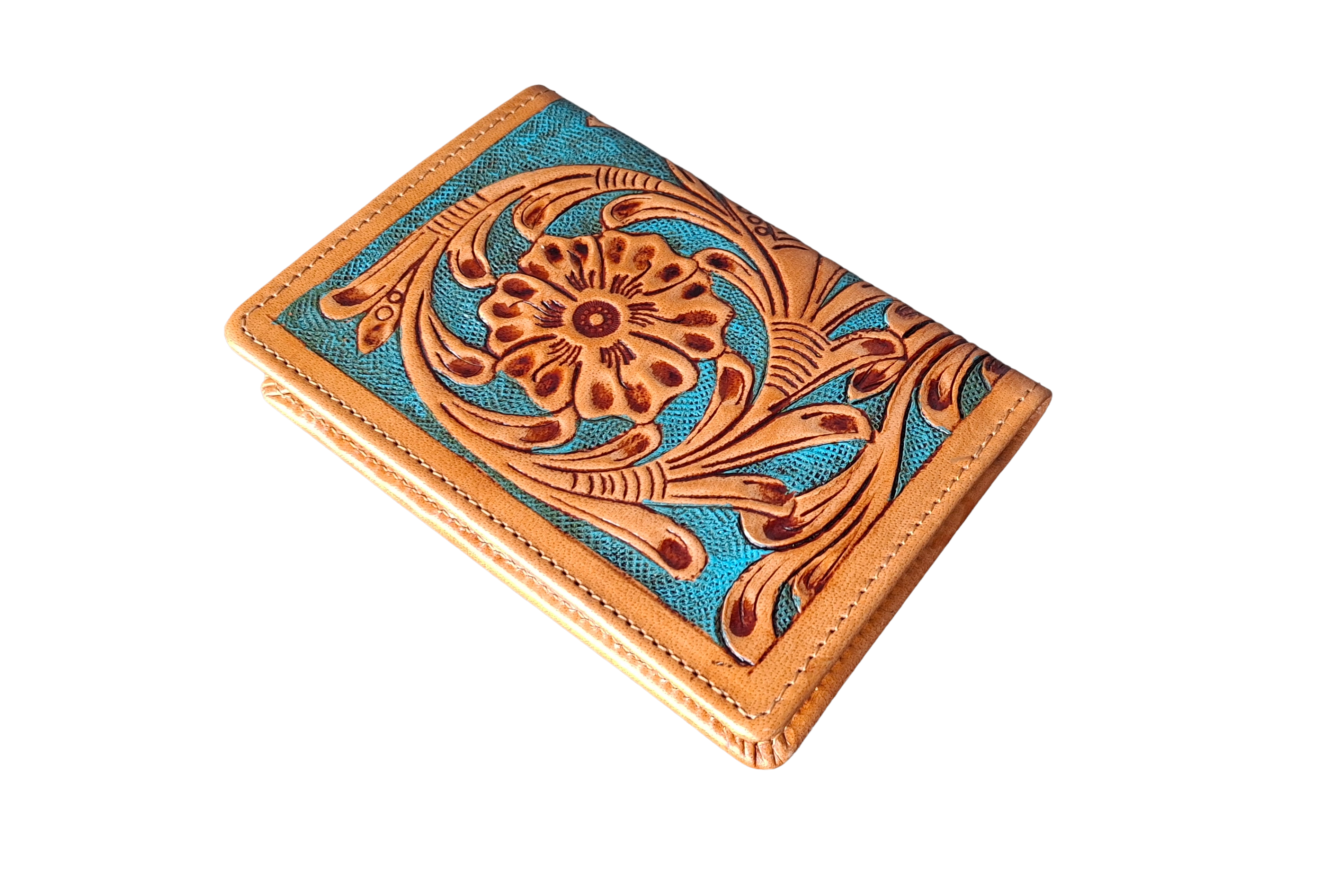 Handmade Leather Passport Wallet, Floral Tooled Travel Organizer